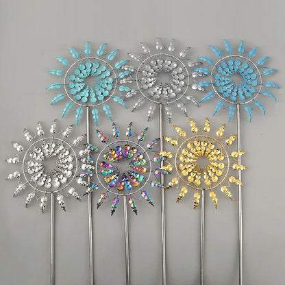 Charming metal garden windmill decoration in various vibrant colours, including white, colourful, silver, gold, lake blue, and sky blue