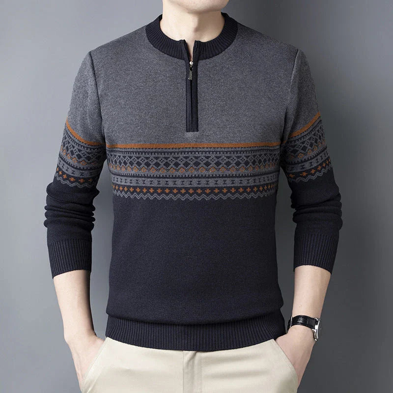 A stylish half-turtleneck sweater in a gray colour, designed for the autumn and winter seasons.