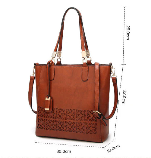 Stylish hollow handbag with adjustable straps, multiple interior pockets, and a durable PU leather construction