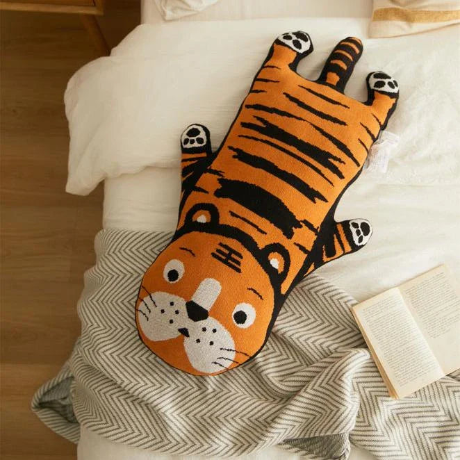 Kiwi Kawaii Tiger Knitted Cushion - Soft, Plush Pillow with Memory Foam for Home Decor and Kids' Comfort