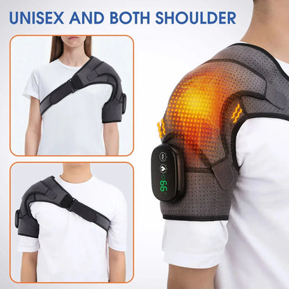 3-Level Heated Vibrating Shoulder Massager for Pain Relief and Rehabilitation, featuring heat therapy, magnetic therapy, and vibration massage functions.