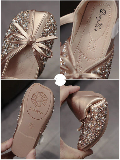 Girls' leather shoes with rhinestone accents, suitable for ages 3 to 9 years old