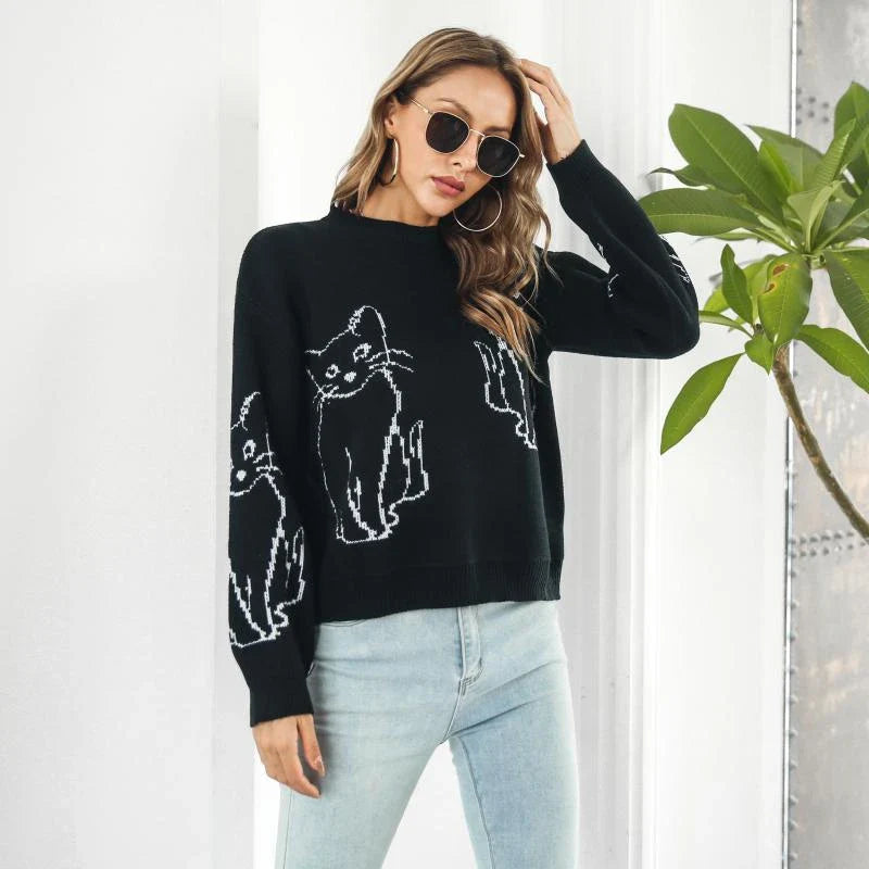 Relaxed-fit women's pullover sweater with cozy cat brocade pattern, perfect for autumn and winter in New Zealand