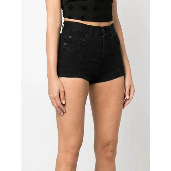 High-waisted slim fit denim shorts with patchwork detail, perfect for summer in New Zealand