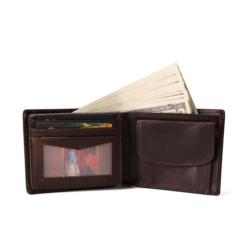 Premium cowhide leather clutch wallet in a classic chocolate colour, featuring multiple internal compartments for organising cards, cash, and other essentials