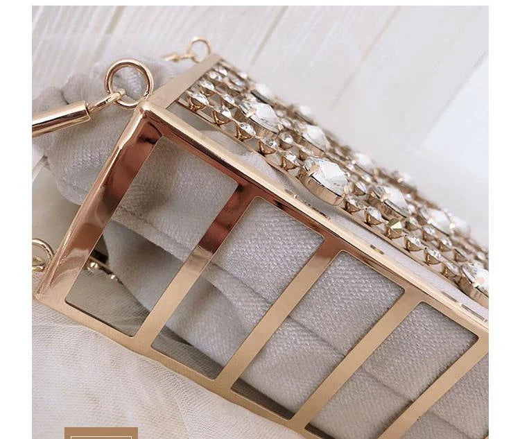 A stylish Kiwi-designed diamond-studded dinner bag with metallic accents, showcasing a range of premium features like lace, plaid, and sequins.