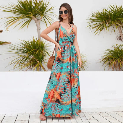 Elegant Bohemian paisley print maxi dress with flattering V-neck and spaghetti straps, suitable for a variety of occasions for the modern Kiwi woman.