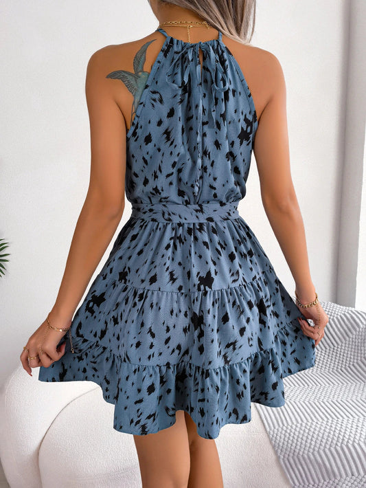 Stylish leopard print chiffon swing dress with ruffled details, perfect for summer fun in New Zealand
