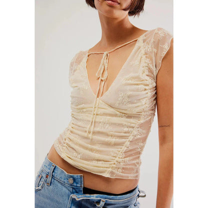 Floral lace cap sleeve backless top in beige, a casual yet chic summer pullover for Kiwi women