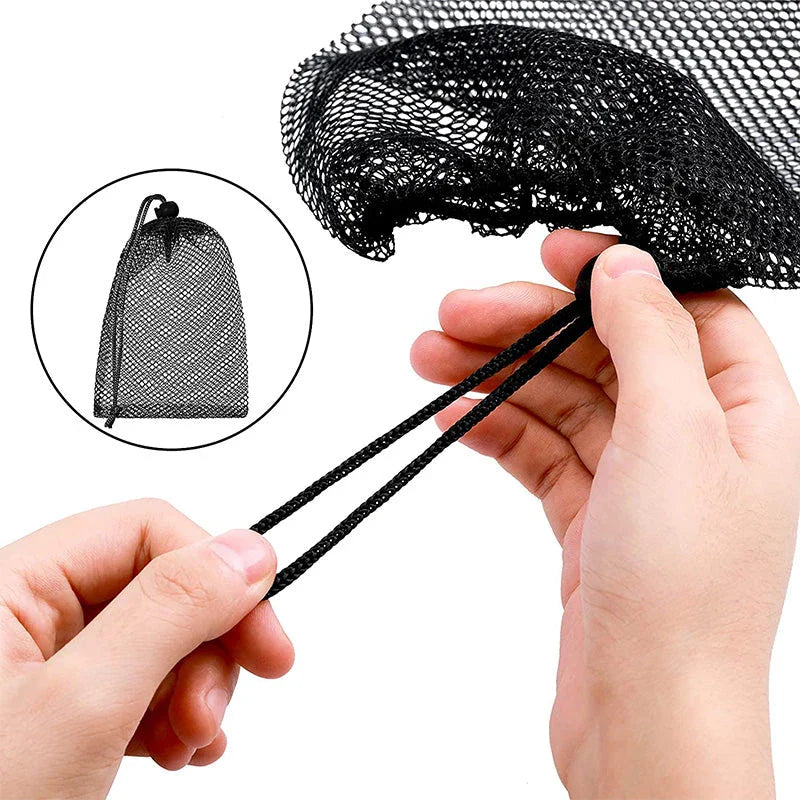 Nylon mesh drawstring storage bag in various sizes, suitable for storing sports gear, laundry, and more