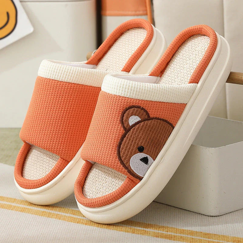 Cozy cartoon bear linen slippers with non-slip soles, perfect for indoor Kiwi comfort