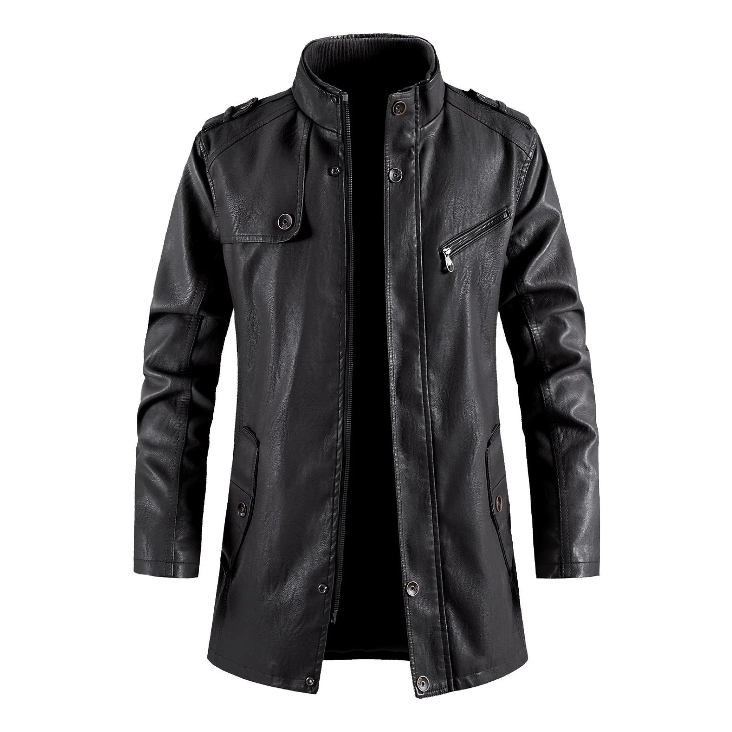 A stylish leather jacket with a standing collar, designed for the modern Kiwi man's casual and formal wear needs.