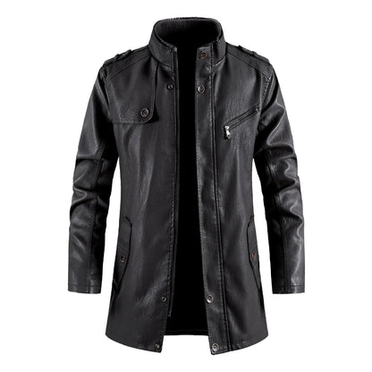 A stylish leather jacket with a standing collar, designed for the modern Kiwi man's casual and formal wear needs.