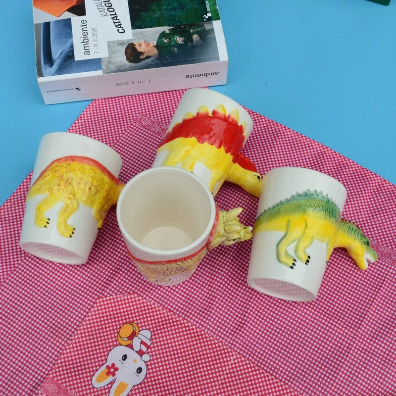 Unique 3D Ceramic Dinosaur Mugs in Tyrannosaurus, Stegosaurus, Triceratops, and Helmet designs - Premium porcelain construction with hand-painted details