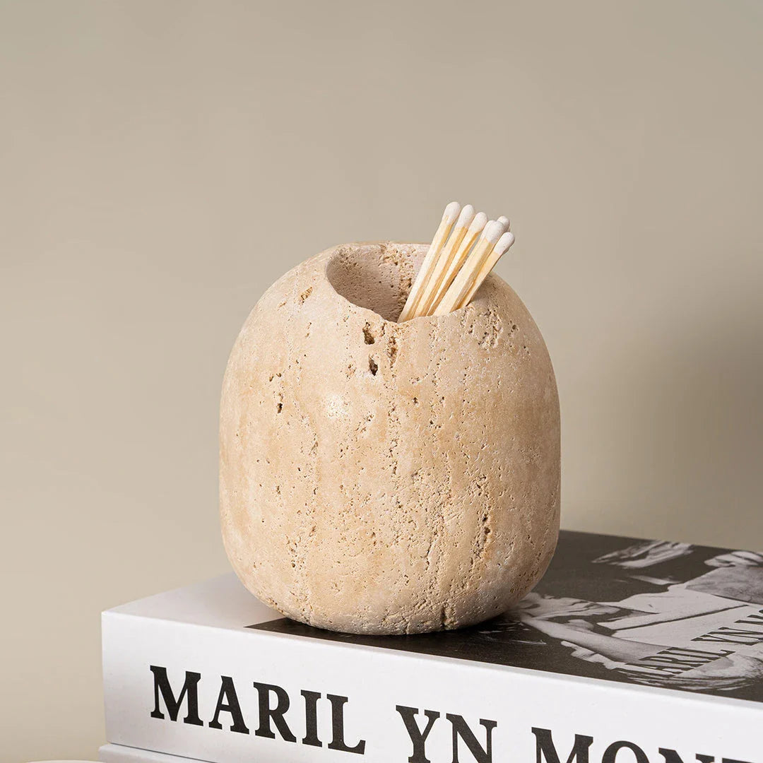 Elegant beige travertine stone match holder and toothpick jar with a vintage-inspired design, perfect for adding timeless charm to Kiwi homes.