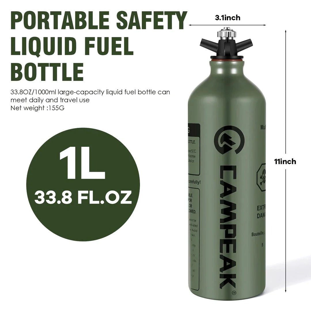 Portable aluminium fuel bottle with spill-proof cap and venting pipe, ideal for Kiwi outdoor adventures