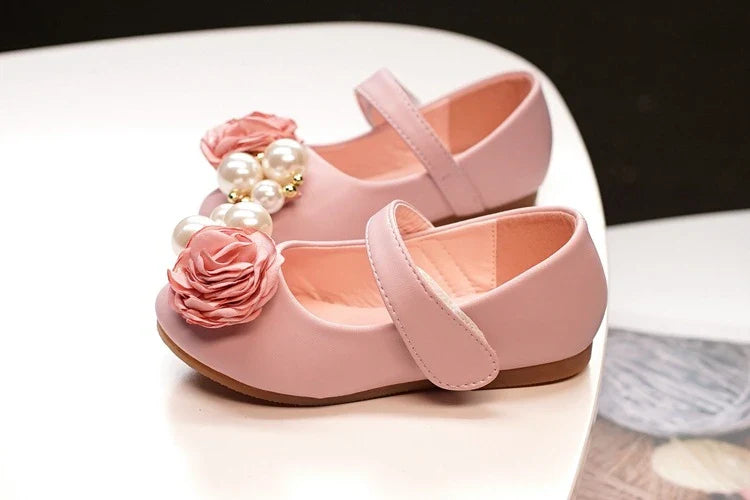 Kids' Pearl Flower Princess Shoes in various colors and sizes