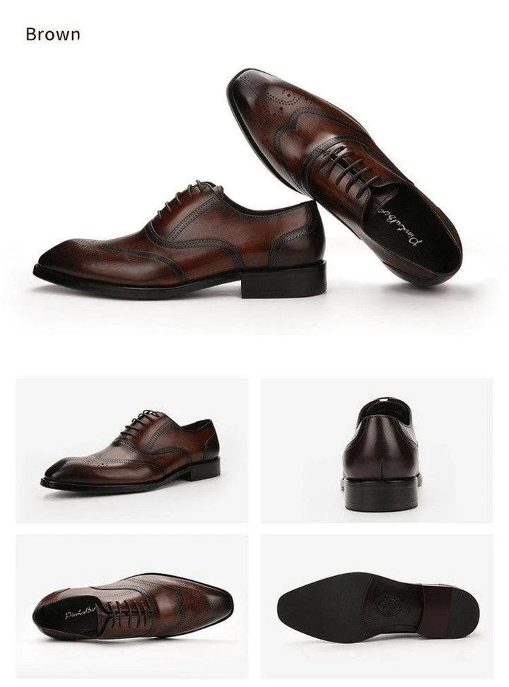 Stylish men's leather dress shoes with engraved pattern and retro-inspired square toe design