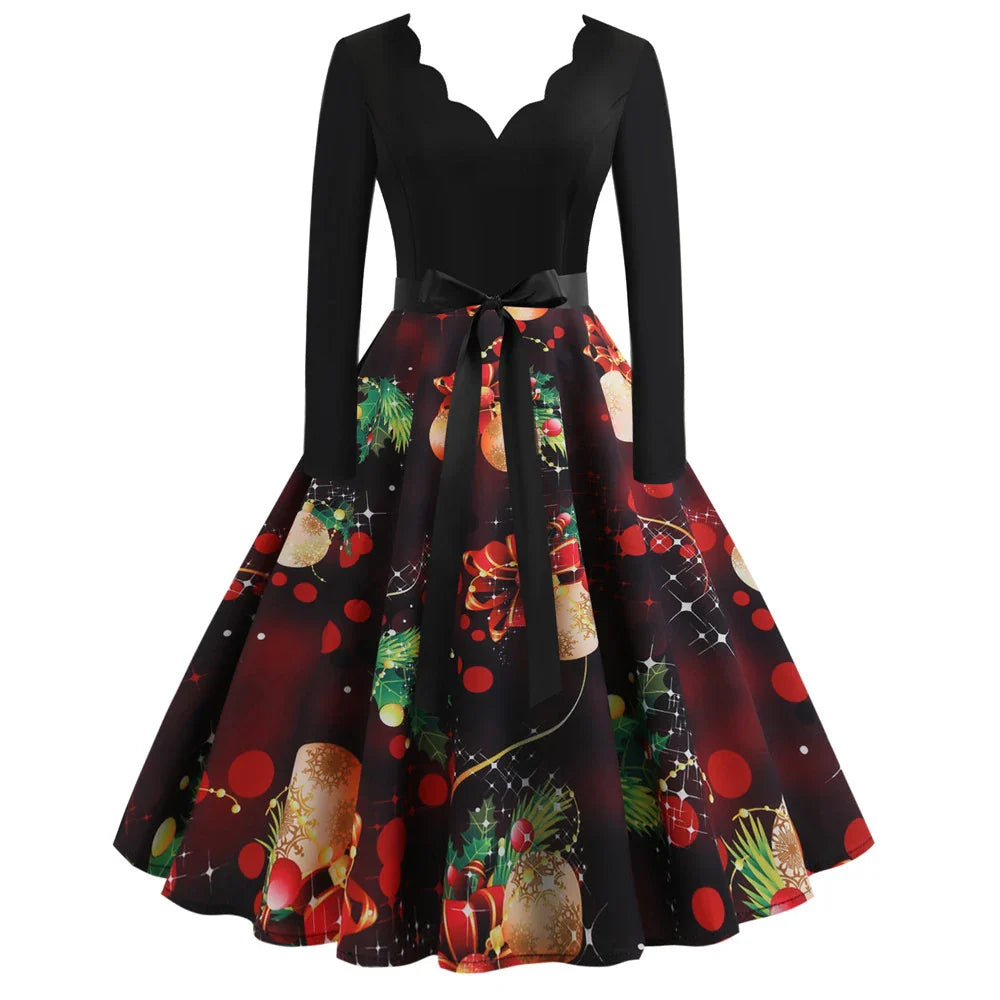 Stylish Kiwi-inspired long sleeve dress with a printed pattern, V-neck, and mid-length skirt in a variety of colors