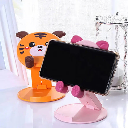 Adjustable Foldable Phone and Tablet Stand with Cute Pig-Tiger Design for Ergonomic Viewing