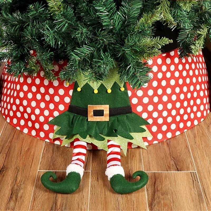 A cosy Christmas tree skirt in a classic red and white polka dot pattern, designed to fit a wide range of tree sizes and tidy up the base.