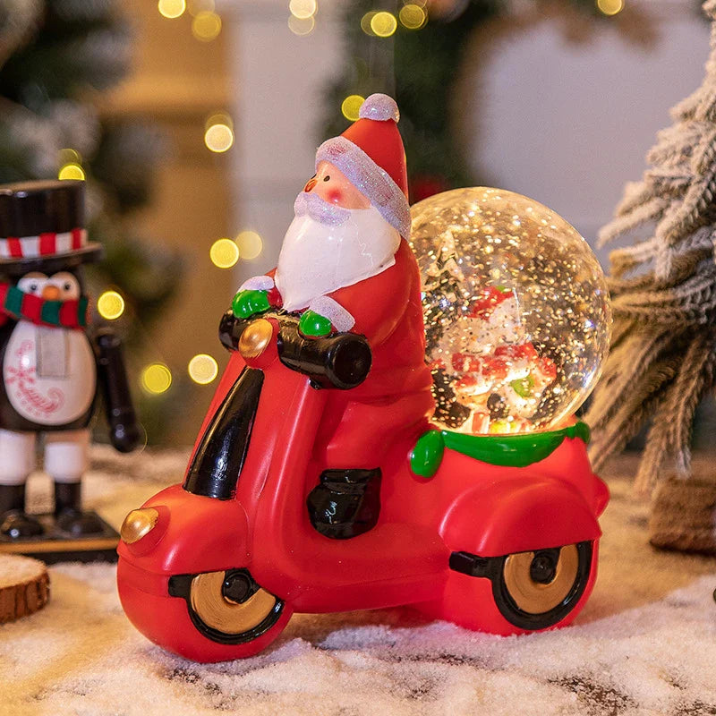 Festive music box Christmas decorations with motorcycle and snowman designs, perfect for adding Kiwiana charm to your holiday decor