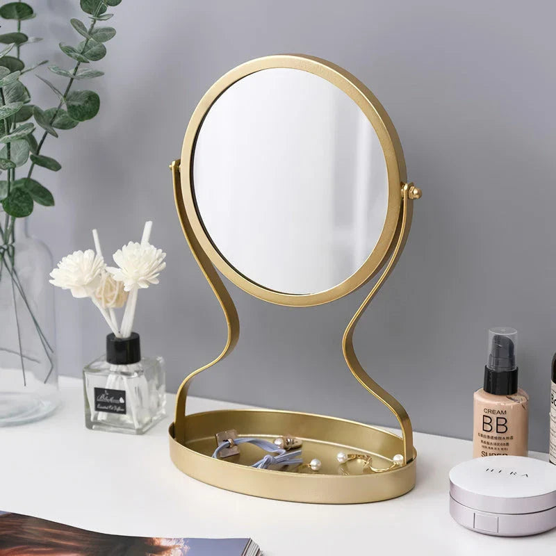 Elegant metal vanity mirror with polished silver mirror and built-in jewelry storage compartments