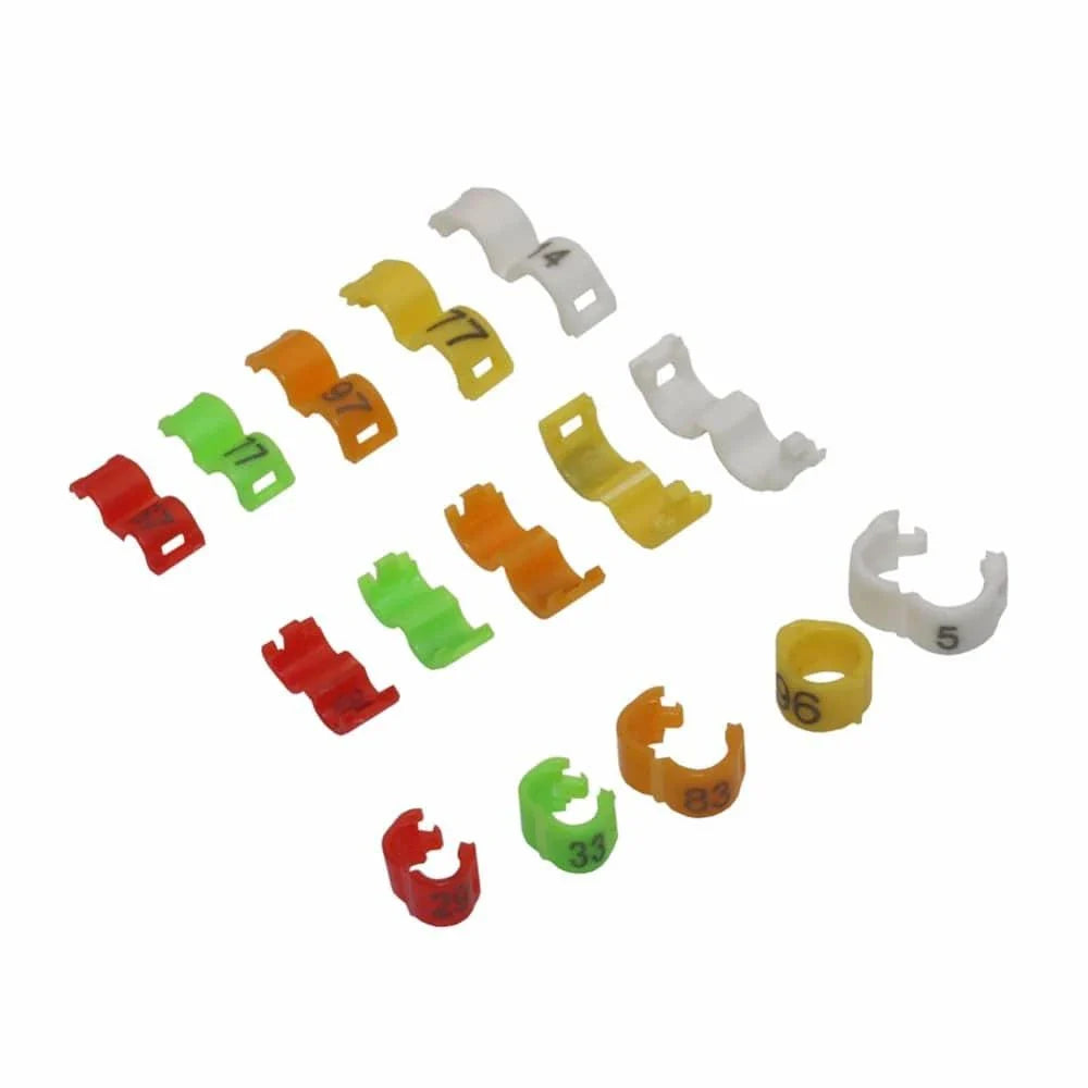 Colorful clip-on rings in various sizes for birds, made from lightweight, eco-friendly plastic materials.