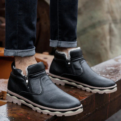 Stylish men's casual Martin boots with a round toe, car stitch pattern, and rubber sole for outdoor adventures in New Zealand