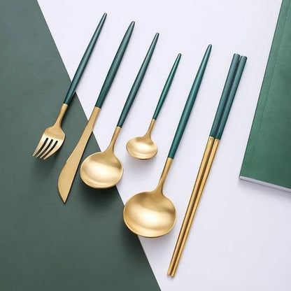 A set of eco-friendly, minimalist tableware in green and gold colors, suitable for 4 diners in a New Zealand home.