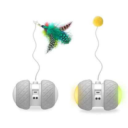A grey interactive cat toy with a feather attachment, designed to engage a cat's natural hunting instincts and provide long-lasting entertainment.