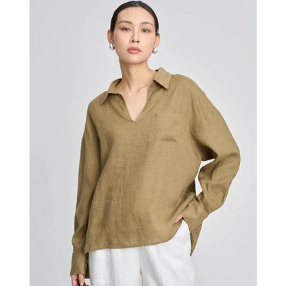 Linen V-neck Long Sleeved Shirt for Women, featuring a sustainable, breathable design in a versatile khaki color