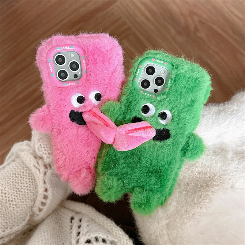 A cute plush monster phone case with a soft, huggable design and shock-absorbent protection for your iPhone