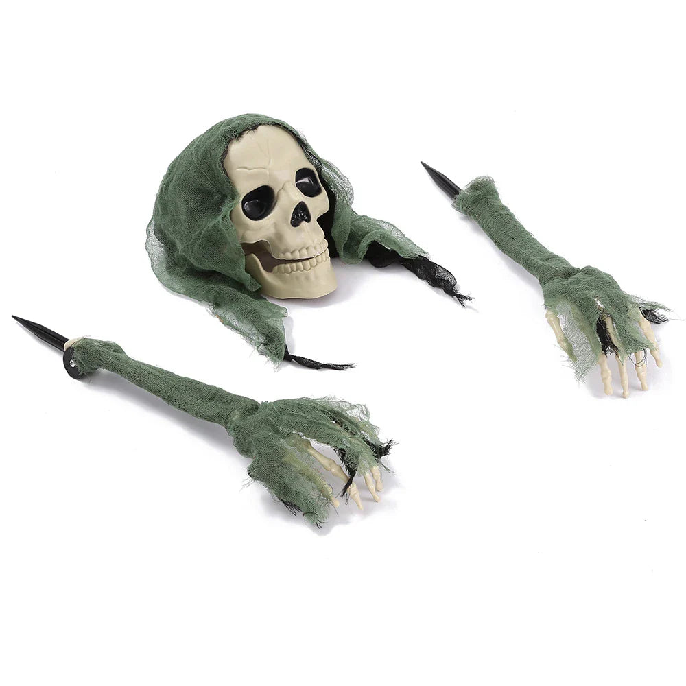 Eerie Haunts: Three-piece set of lifelike Halloween skull decor in green, red, and grey colours, made in New Zealand