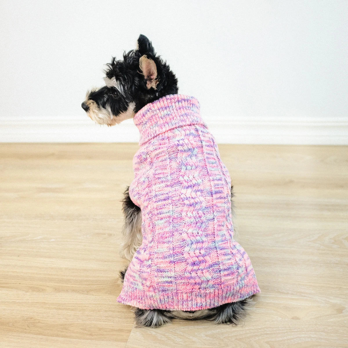 Cozy purple turtleneck sweater for pets, featuring a stylish design and made with premium acrylic yarn in New Zealand.