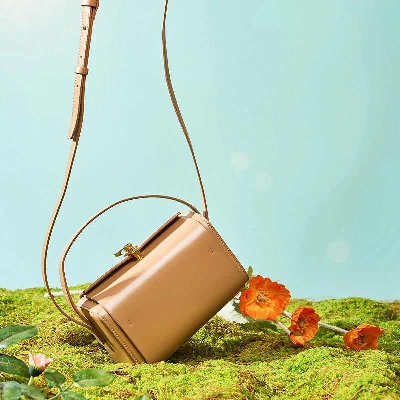 Timeless genuine leather small square shoulder bag in various colors - black, milk apricot, gray blue, and beige