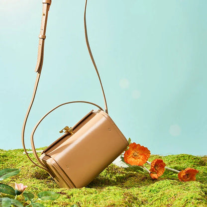 Timeless genuine leather small square shoulder bag in various colors - black, milk apricot, gray blue, and beige