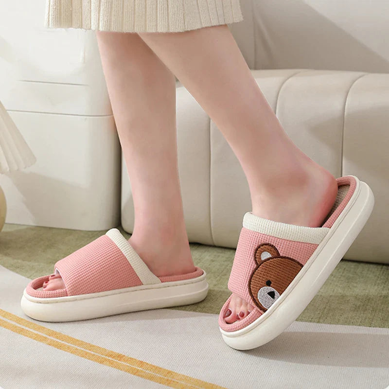 Cozy cartoon bear linen slippers with non-slip soles, perfect for indoor Kiwi comfort