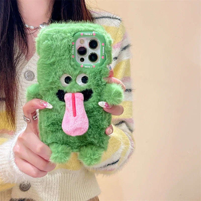 A cute plush monster phone case with a soft, huggable design and shock-absorbent protection for your iPhone