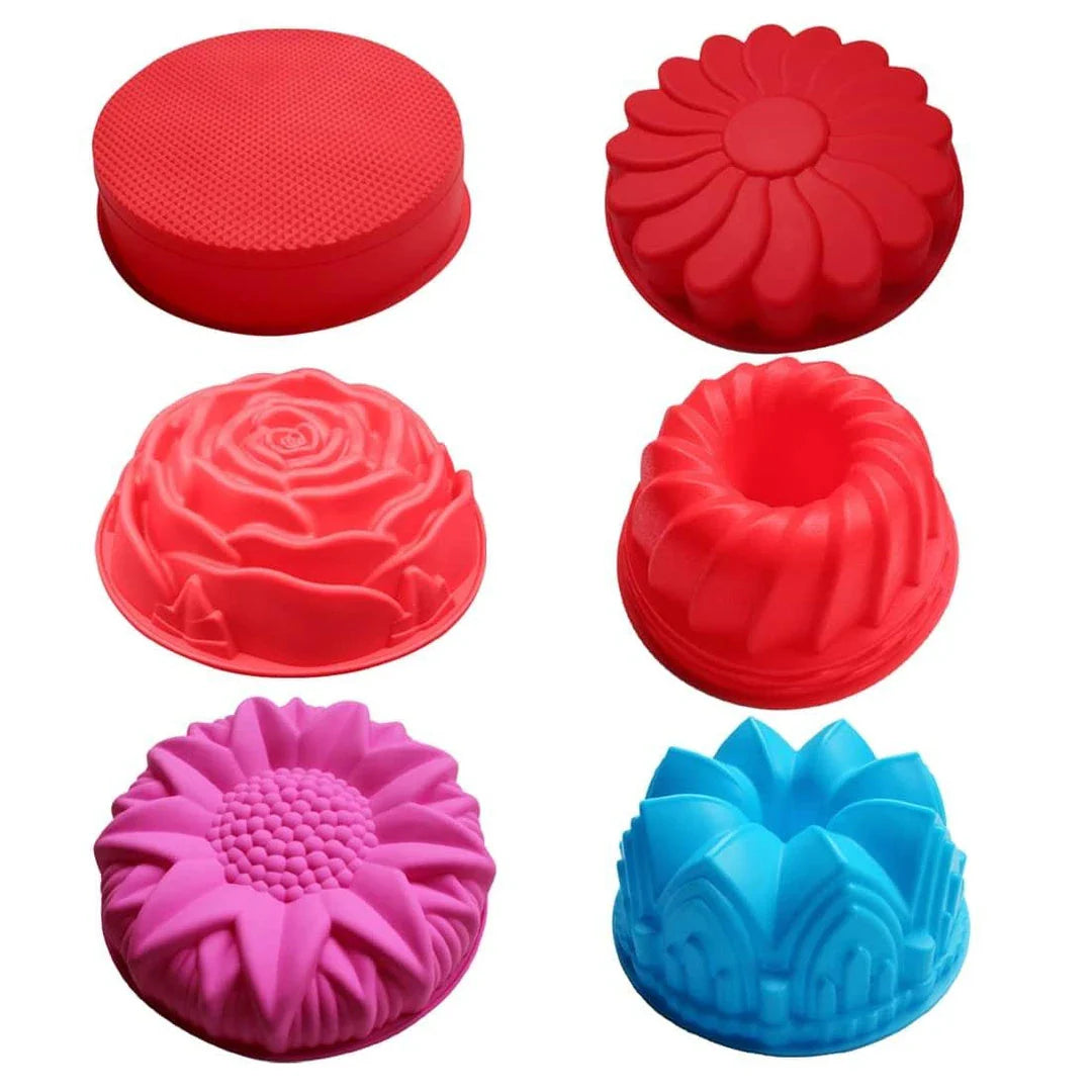 Flower-shaped silicone cake molds in vibrant colors, perfect for baking unique and eye-catching treats in New Zealand