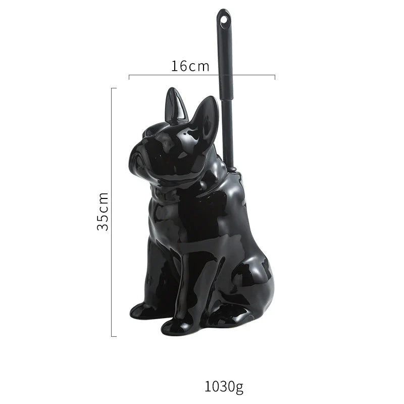 A creative dog-shaped toilet brush with a ceramic base, designed to clean and decorate Kiwi bathrooms