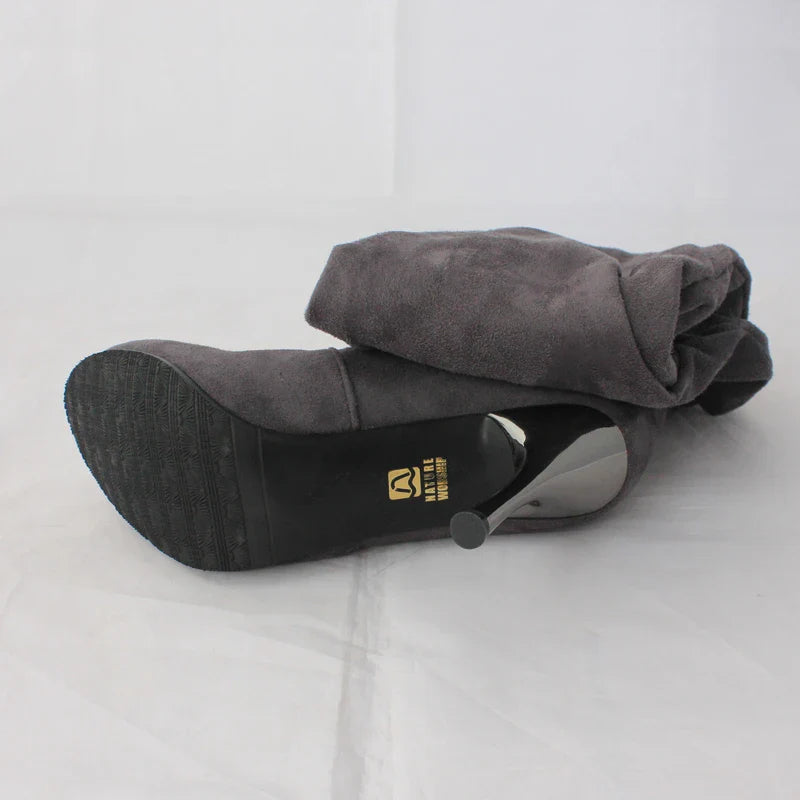 Pointed over-the-knee stretch high heel boots in a stylish grey color