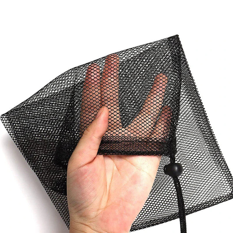 Nylon mesh drawstring storage bag in various sizes, suitable for storing sports gear, laundry, and more