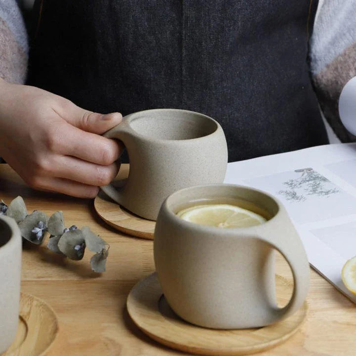 Japanese-inspired stoneware ceramic coffee mug with matching tray, showcasing a minimalist and elegant design perfect for Kiwi households