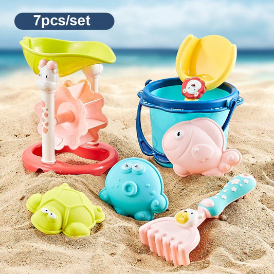 Colorful beach toy set with shovels, sand molds, and a convenient carry bag for outdoor fun