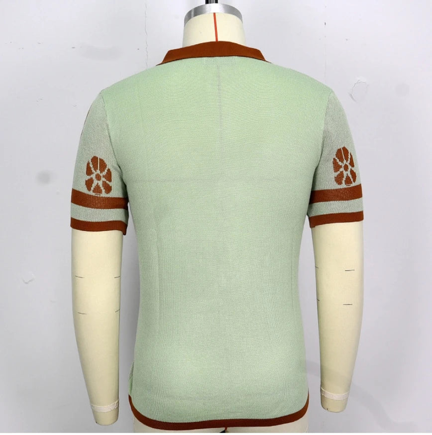 Stylish men's knitted polo shirt in brown with lapel collar, made with premium polyester fiber for comfort and durability