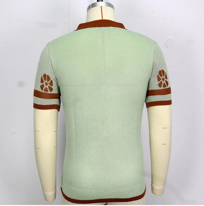 Stylish men's knitted polo shirt in brown with lapel collar, made with premium polyester fiber for comfort and durability