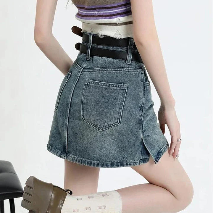 A stylish high-waisted denim mini skirt with a fashionable belt, perfect for Kiwi fashion enthusiasts