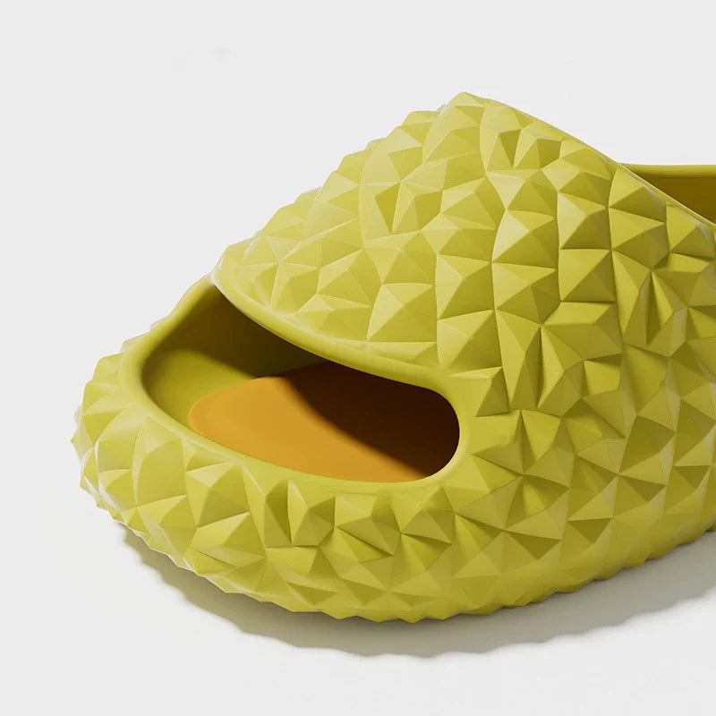 Durian-inspired slippers in vibrant Kiwi-friendly colours, featuring a non-slip EVA sole for comfort and safety