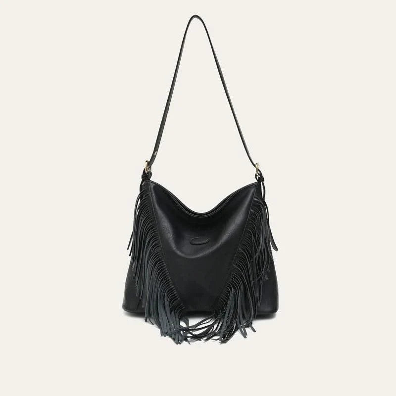 Elegant vegan leather shoulder bag with stylish tassel fringe in black color